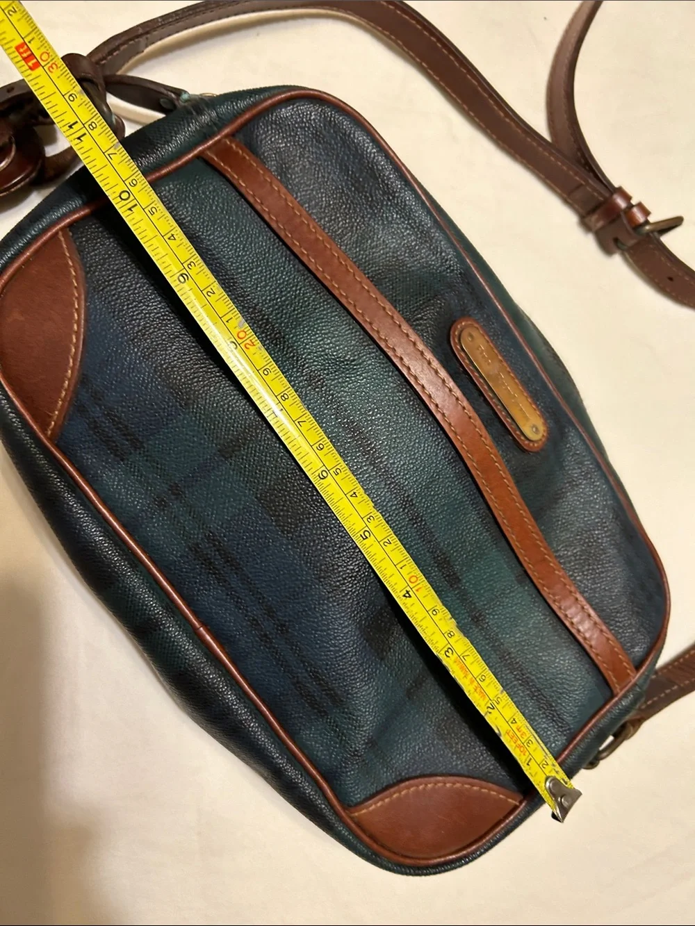 Leather-Trim Green Plaid Crossbody Bag Vintage